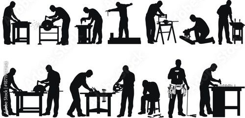 Set of woodworking and carpenter worker silhouettes showing industrial labor, workshop tools, construction craftsmanship and skilled trade professions in action