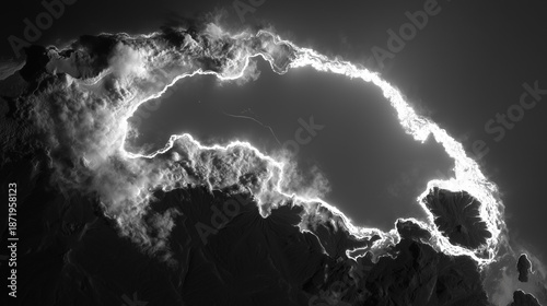 A black-and-white satellite image captures a newborn island radiating geothermal energy amidst glacial waters.