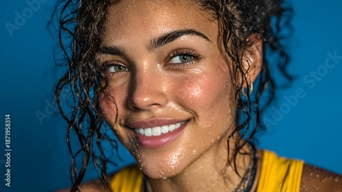 A beautiful woman with wet curly hair and glowing skin smiles radiantly against a vibrant blue background with visible water droplets on face.
