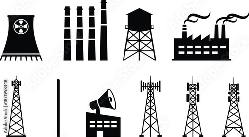 Industrial infrastructure and energy icon set showing factories, power plants, cooling towers, communication masts and utility structures in silhouette style