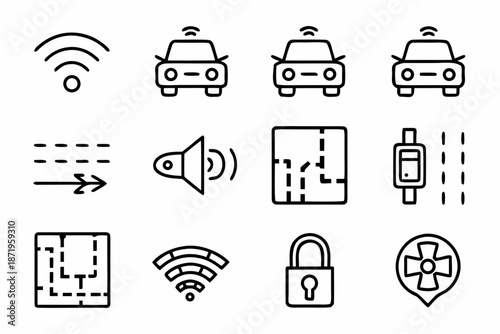 28 flat vector icons focusing on future transportation. Icons include self-driving cars, delivery drones, V2X communication symbols, electric vehicle (EV) charging stations, GPS tracking, and lidar se