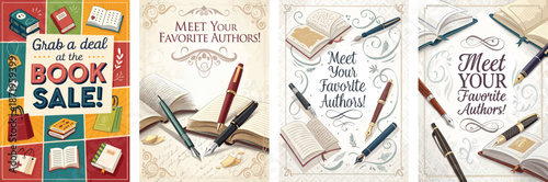 Creative book signing fair poster with artistic pens and book sale promotions