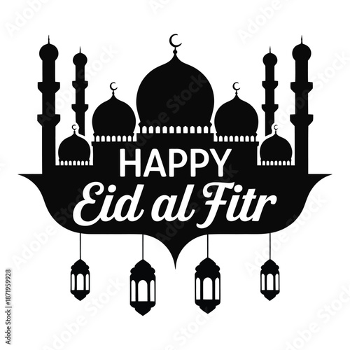 Happy eid al fitr mosque silhouette with lanterns on a white background illustration