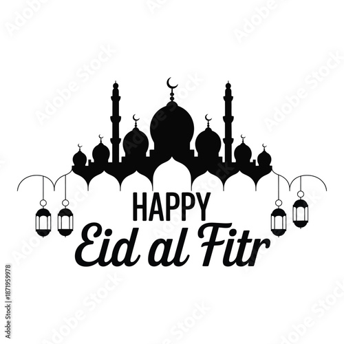 Happy eid al fitr mosque silhouette with lanterns on white background Vector illustration