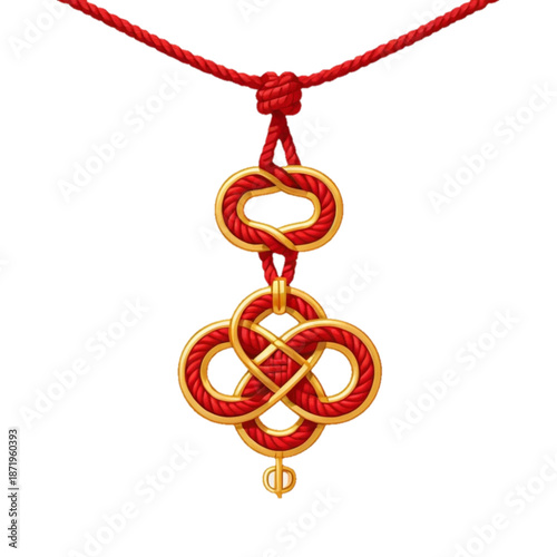 flat vector icon of traditional chinese lucky knot, red rope with gold accent, symmetrical shape, simple lines, clean flat illustration, isolated on plain background