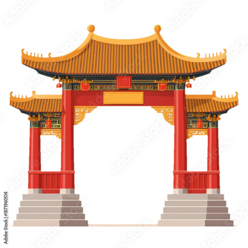 flat vector icon of traditional chinese paifang gate, red pillars and gold roof details, simplified architecture, clean flat illustration, isolated on plain background