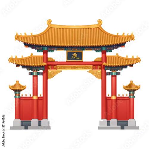 flat vector icon of traditional chinese paifang gate, red pillars and gold roof details, simplified architecture, clean flat illustration, isolated on plain background