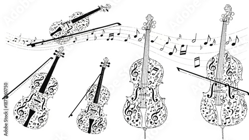 Detailed illustrations of violins and bows with musical notes surrounding them