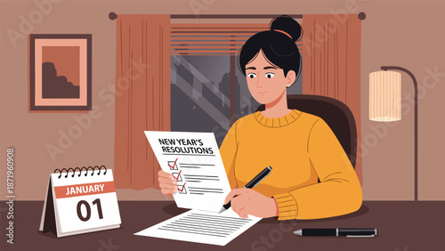 New Year Resolutions Vector Illustration - Woman Writing Goals List in Home Setting