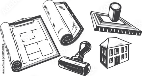 Vintage office supplies and building illustration