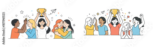 Diverse group of young adults celebrating victory with trophies and high fives