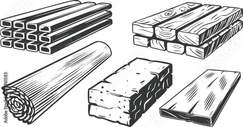 Wooden planks and logs in various forms for construction and design