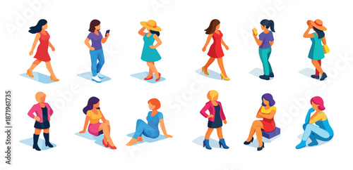 Diverse female characters in stylish outfits engaged in various activities