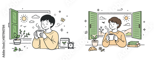 Asian young adult male and female enjoying morning coffee by open windows