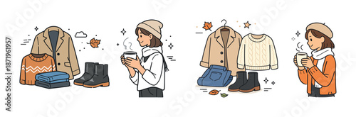 Young caucasian female enjoying autumn with cozy outfits and hot drink
