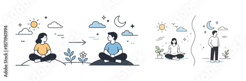 Illustrated meditation and relaxation scenes with male and female characters