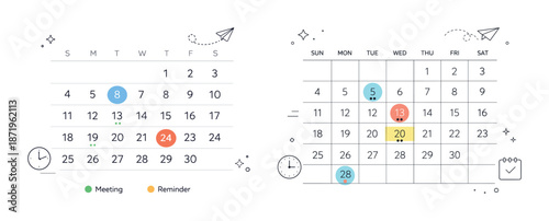 Minimalist calendar design with meeting and reminder highlights