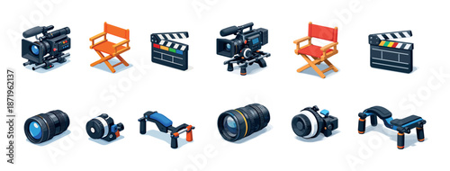 Film production tools: cameras, directors chairs, clapperboards, lenses, and stabilizers