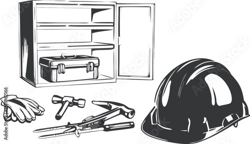 Construction tools and safety gear on black background