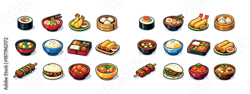 Assorted asian cuisine dishes: sushi, dumplings, and noodles in colorful bowls