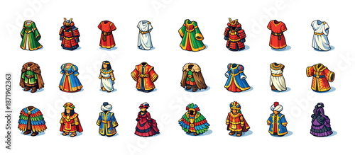 Colorful traditional outfits collection with diverse cultural designs