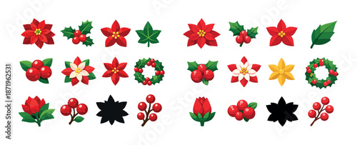 Festive christmas flowers and wreaths collection featuring poinsettias and holly berries
