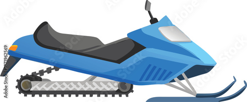 A vibrant blue snowmobile is showcased featuring skis and a tracked propulsion system