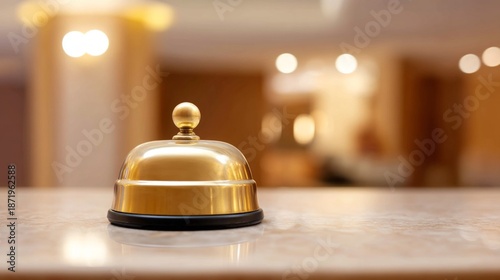 A shining golden reception bell sits on a polished counter, ready to greet travelers. Soft lighting creates a cozy, welcoming ambiance for arriving guests seeking comfort and relaxation