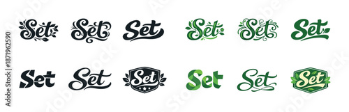 Diverse calligraphy and typography styles for the word 'set'