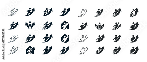 Set of abstract business growth icons with upward arrows and figures