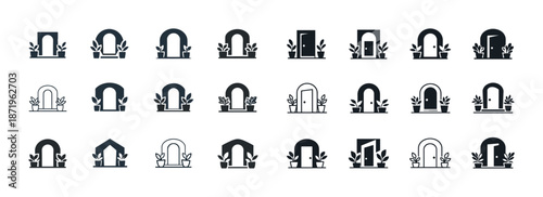 Set of elegant doorway icons with plants in minimalistic black and white style