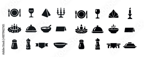 Elegant dining icon set including tableware, utensils, and candles
