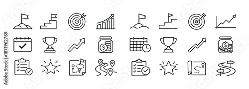 Set of business and growth line icons with strategies and achievements