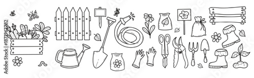 Cute Garden Hand-Drawn Doodle. Outline Garden Tools, Gardening and Farming Hand Drawings with Vegetables, Tools, and Flowers. Isolated whimsical Vector illustration. Not AI