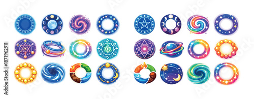 Colorful cosmic symbols and celestial ring designs with starry patterns