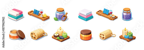 Spa and wellness accessories collection with candles and towels on white background