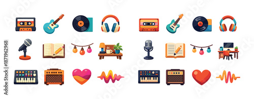 Colorful music and home office icons with instruments and decorations