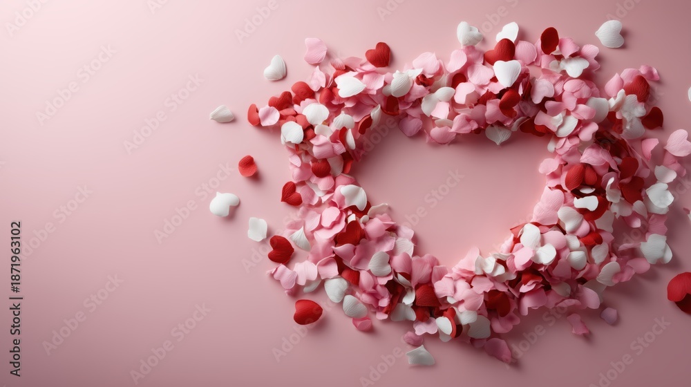 Obraz premium Heart frame made of pink, red, and white petals on soft background