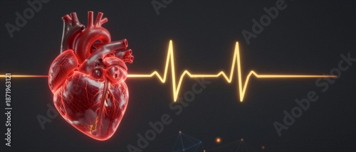 Anatomical Human Heart with Glowing EKG Pulse Line for Cardiovascular Health and Medical Innovation