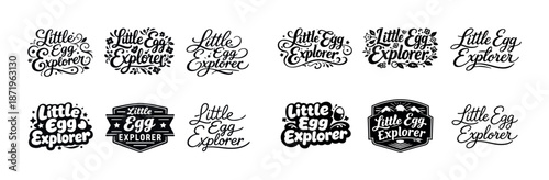 Black and white little egg explorer text logo variations with decorative elements
