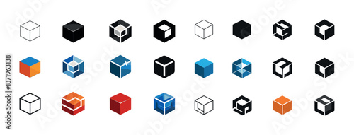 Diverse geometric cube designs featuring various colors and patterns