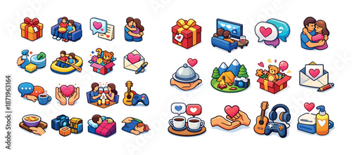 Vibrant love and leisure icons collection featuring activities and gifts