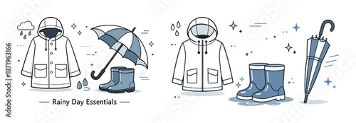 Rainy day essentials: jackets, umbrellas, and boots