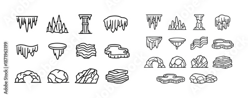 Collection of geometric rock formations and stalactites