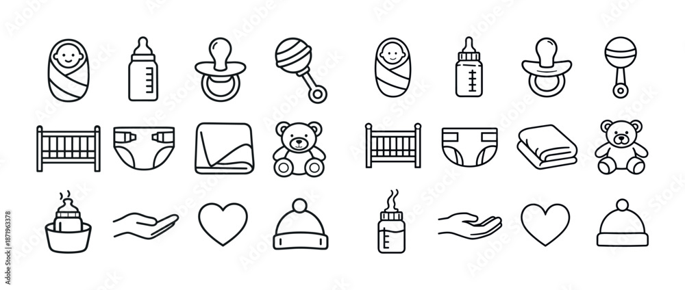 Fototapeta premium Baby essentials icons: bottles, pacifiers, cribs, and more in simple line art style
