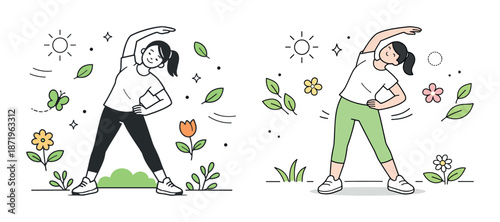 Female character enjoying outdoor exercise among blossoming flowers and sunshine