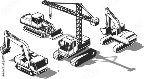 Heavy construction equipment on a building site with excavators and crane
