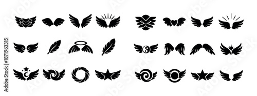 Collection of black stylized wing icons and symbols in various designs