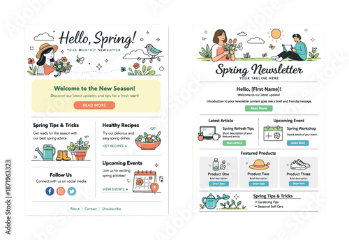 Illustrated spring newsletter design with nature and technology themes