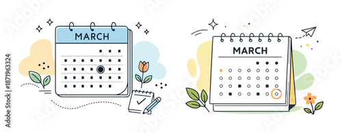 Illustrated march calendar designs with floral and decorative elements